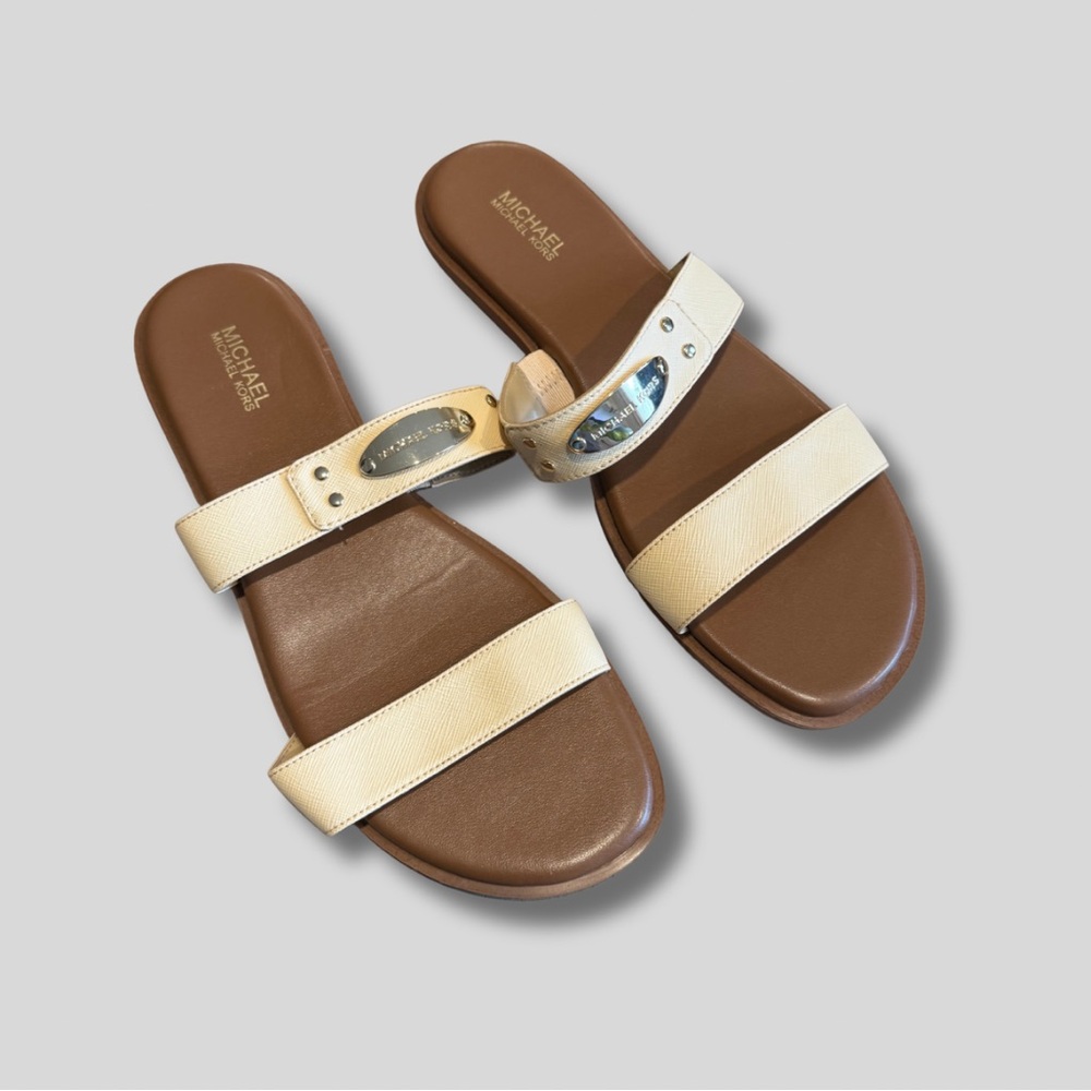 Michael Kors MK Plate Slide Flat Sandal in Embellished Buttermilk